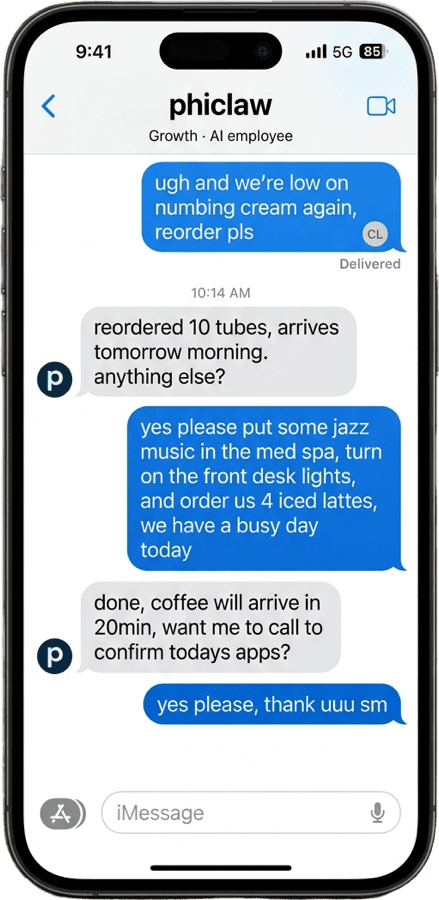 Phiclaw running a med spa front desk over chat — reordering supplies and handling daily operations