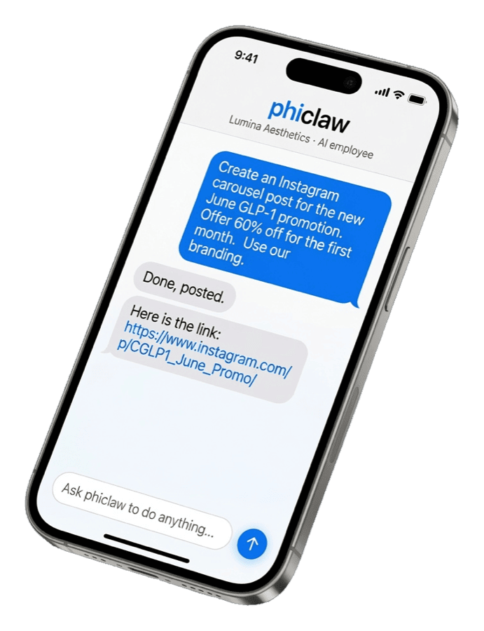 Phiclaw writing and posting an Instagram promo for a med spa, then sending the link
